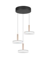 Trio Celeste 354930365 hanglamp met zwarte ronde plafondplaat met liftfunctie en met drie witte kappen met koffiebruine details