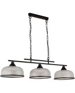 Searchlight Highworth 3593-3BK zwarte hanglamp met drie kappan van holofaan glas aan een dubbele stang