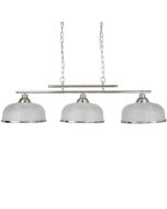 Hanglamp Bistro 3593-3SS staal kleurige hanglamp met drie kappen van holofaan glas aan een dubbele stang