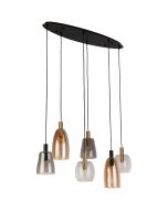 Searchlight Divine 36463-6BK hanglamp met zwarte ovale plafondplaat met zes pendels met kappen van helder, amber een rookglas in verschillende vormen