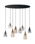 Searchlight Divine 36463-8BK hanglamp met ovale zwarte plafondplaat en acht pendels met helder, amber een rookglazen kappen in verschillende vormen