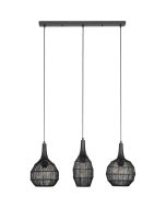 Trio Soraya 365400332 hanglamp met zwarte plafondbalk en drie verschillend gevormde kappen van metaaldraad