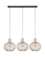 Trio Gila 365700366 zandkleurige hanglamp met zwarte plafondbalk en drie kappen van metalen latjes