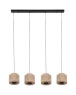 Trio Smilla 366800436 hanglamp met zwarte plafondbalk en vier pendels met dubbele kappen van jute