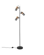 Trio Tosh 404300332 zwarte vloerlamp met drie cilindervormige spots met een houten achterzijde en zwart gaas voor
