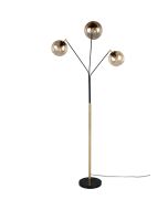 Trio Paxton 416900380 zwart met goudkleurige vloerlamp met drie armen met elk een bolvormig amber glazen kap