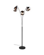 Trio Lumina 417000332 brandende mat zwarte vloerlamp met drie verschillend gevormde verchroomd glazen kappen