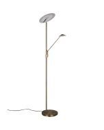 Trio Brantford 425610204 oud bronzen vloerlamp met leeslamp en kantelbare uplighter, met twee dimmers aan de paal
