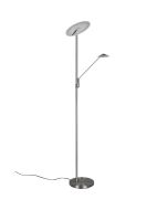 Trio Brantford 425610207 staalkleurige vloerlamp met leeslamp en kantelbare uplighter, met twee dimmers aan de paal