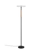 Trio Celeste 454910165 zwarte vloerlamp met wit glazen schijfvormige kap en koffiebruin deel aan de paal met een touchdimmer
