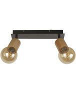Searchlight Spinny 50211-2NA spot met zwarte plafondplaat en met twee houten fittingen met globelampen