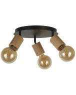 Searchlight Spinny 50211-3NA spot met zwarte ronde plafondplaat en drie houten fittingen met globelampen