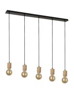 Searchlight Spinny 50212-5NA hanglamp met zwarte plafondbalk en vijf pendels met houten lamphouder en globelamp