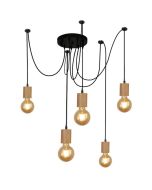 Searchlight Spinny 50213-5NA hanglamp met ronde zwarte plafondplaat en vijf pendels met elk een plafondbevestiging en een houten lamphouder met globelamp