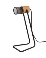 Trio Tosh 504300132 tafellamp met zwarte beugel als voet en spot met houten achterkant en zwart gaas van voren