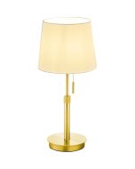 Trio Lyon 509100108 mat messing in hoogte verstelbare uitgeschoven tafellamp met wit kapje van textiel en trekschakelaar