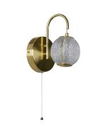 Searchlight Allure 51481SB messing wandlamp met trekschakelaar, metalen boog en hangende acryl bol