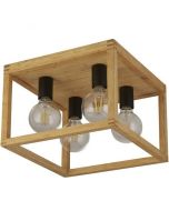 Searchlight Square 54742-4NA houten plafondlamp met vierkant frame en vier globelampen aan zwarte fittingen daarin