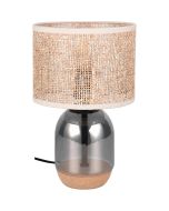 Trio Tara 564900157 tafellamp met verchroomd glazen voet met een bodem van kurk en een ronde kap van jute