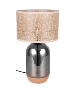 Trio Tara 564990157 43cm hoge tafellamp met verchroomd glazen voet met een bodem van kurk en een ronde kap van jute
