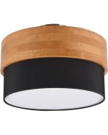Trio Seasons 611500202 plafonniere met houten bovenzijde en onderzijde van zwart textiel en met een witte blender van textiel