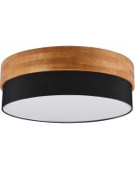 Trio Seasons 611500302 plafonniere met houten bovenzijde en onderzijde van zwart textiel en met een witte blender van textiel