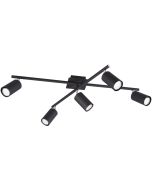 Trio Marley 612400532 zwarte plafondspot met vierkant plafondplaatje en twee balkjes met elk twee cilindervormige spots plus een spot in het midden