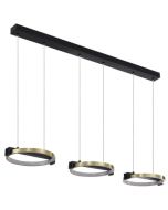 Searchlight Aerial 62330-3GO hanglamp van 106cm met zwarte plafondbalk en drie kappen van messing kleurige ringen met LED aan de binnenzijde