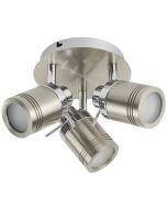 Searchlight Samson mat zilver ronde badkamer plafondspot met drie spotjes met chromen details en mat glaasje voor een GU10 lamp