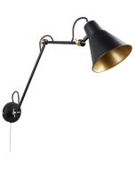 Searchlight Swing Arm zwart met goud kleurige wandspot met scharnierende arm en trekschakelaar