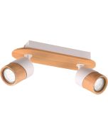 Trio Aruni 801100231 spot met houten plankje op de plafondplaat en twee spotjes van wit metaal met houten voorzijde