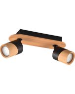 Trio Aruni 801100232 spot met houten plankje op de plafondplaat en twee spotjes van zwart metaal met houten voorzijde