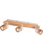 Trio Aruni 801100331 spot met houten plankje op de plafondplaat en drie spotjes van wit metaal met houten voorzijde