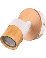 Trio Aruni 801170131 wandspotje met schakelaar, hout tegen het wandplaatje en een wit metalen spotje met houten voorzijde