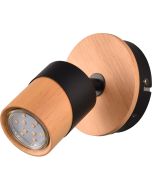 Trio Aruni 801170132 wandspotje met schakelaar, hout tegen het wandplaatje en een zwart metalen spotje met houten voorzijde