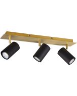 Trio Marley 802400380 spot met goudkleurig rechthoekige plafondplaat en drie zwart cilindervormige spotjes met GU10 lamp