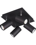 Trio Marley 802400432 mat zwarte spot met vierkante plafondplaat en vier cilindervormige spotjes met GU10 lamp
