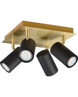 Trio Marley 802400465 spot met goudkleurige vierkante plafondplaat en vier zwarte cilindervormige spotjes met GU10 lamp