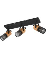 Trio Tosh 804300332 spot met rechthoekige zwarte plafondbalk en drie houten spotjes met cilindervormig kapje van zwart metaalgaas