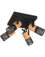 Trio Tosh 804300432 spot met vierkante zwarte plafondplaat en vier houten spotjes met cilindervormig kapje van zwart metaalgaas