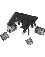 Trio Tosh 804300434 spot met vierkante zwarte plafondplaat en vier wit houten spotjes met cilindervormig kapje van zwart metaalgaas