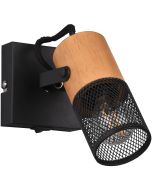 Trio Tosh 804370132 wandspot met vierkante zwarte wandplaat met schakelaar en houten spotje met cilindervormig kapje van zwart metaalgaas