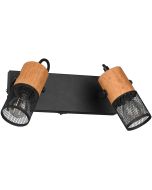 Trio Tosh 804370232 wandspot met rechthoekige zwarte wandplaat met schakelaar en twee houten spotjes met cilindervormig kapje van zwart metaalgaas
