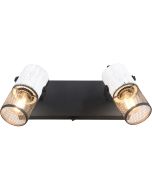 Trio Tosh 804370234 brandende wandspot met rechthoekige zwarte wandplaat met schakelaar en twee wit houten spotjes met cilindervormig kapje van zwart metaalgaas