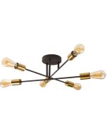 Searchlight Armstrong zwarte plafondlamp met drie stangen en zes messing fittingen met elk een edison lamp