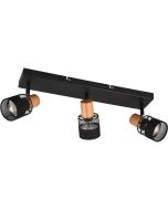 Trio Nandini 811700332 spot met rechthoekige zwarte plafondplaat en drie houten spotjes met cilindervormig kapje van zwart metaalgaas en een rand van zwart textiel