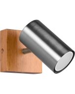 Trio Marley 812400107 spotje met vierkant houten wandplaat en staalkleurig cilindervormig spotje met GU10 lampje