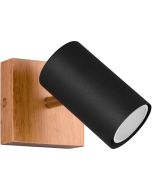 Trio Marley 812400132 spotje met vierkante houten wandplaat en zwart cilindervormig spotje met GU10 lamp