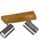 Trio Marley 812400207 spotje met rechthoekige houten plafondplaat en twee staalkleurig cilindervormige spotjes met GU10 lampje