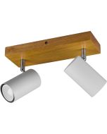Trio Marley 812400231 spotje met rechthoekige houten plafondplaat en twee witte cilindervormige spotjes met GU10 lampje
